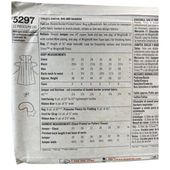 Simplicity 5297 Sewing Pattern Childs Jumper Bag Hair Bow Sizes 3-6 Patty Reed - Picture 2 of 2